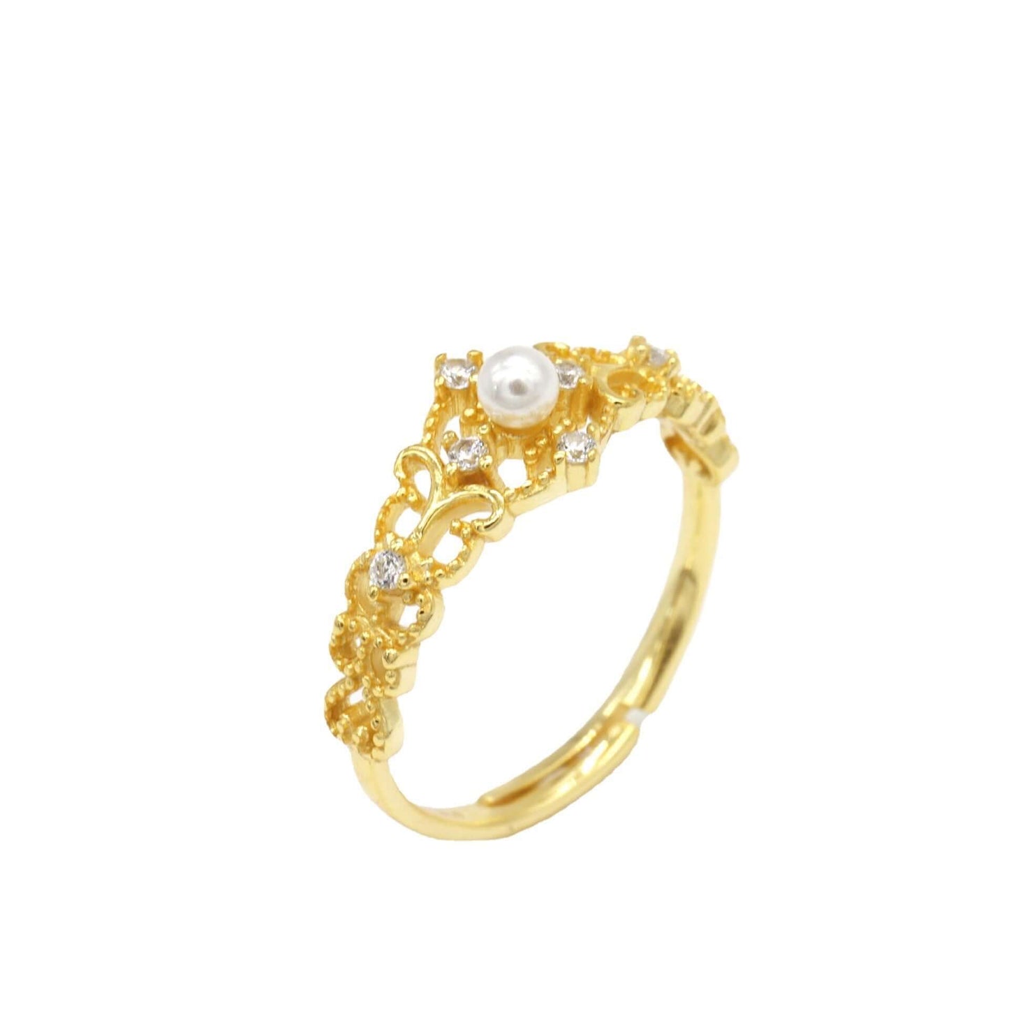 Gold women’s ring with pearl and crystals, featuring a delicate floral design, adjustable size, perfect for elegant occasions.