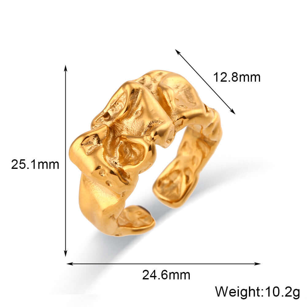 Daiyana Ring: Adjustable geometric open ring in gold, made of stainless steel, featuring an irregular tin foil design.