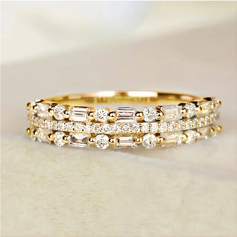 Gold stacked diamond ring with baguette and round stones by lxm creatives luxury minimalist jewelry online