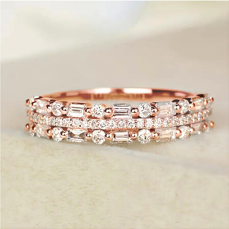 Rose gold stacked triple band ring with baguette and round diamonds from lxm creatives luxury minimalist jewelry online