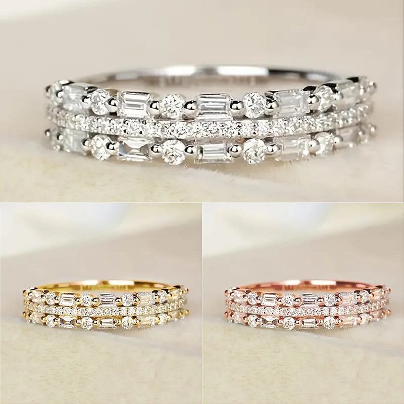 lxm creatives three stack diamond baguette and round rings in white yellow and rose gold luxury minimalist jewelry online