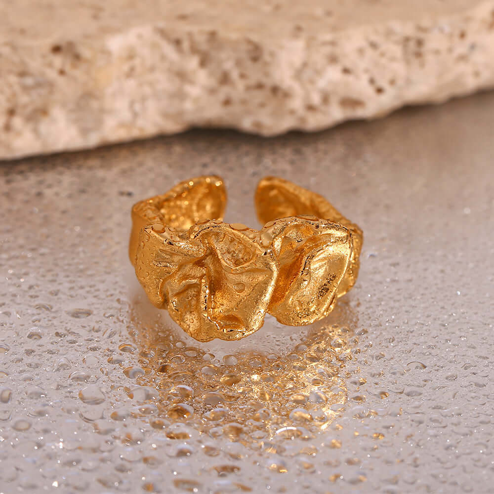 Daiyana Ring: Adjustable geometric open ring in irregular tin foil gold design, made from stainless steel.