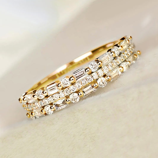 Gold three row diamond ring with round and baguette stones luxury minimalist jewelry online