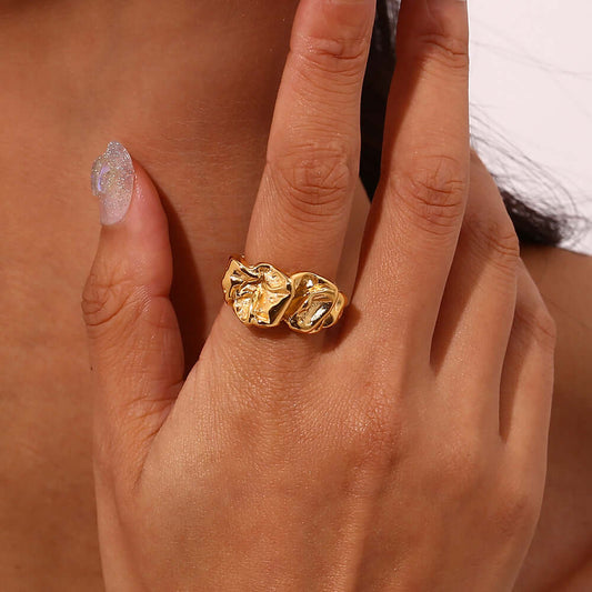 Daiyana Ring: gold electroplated adjustable geometric fashion ring showcasing an irregular tin foil design.